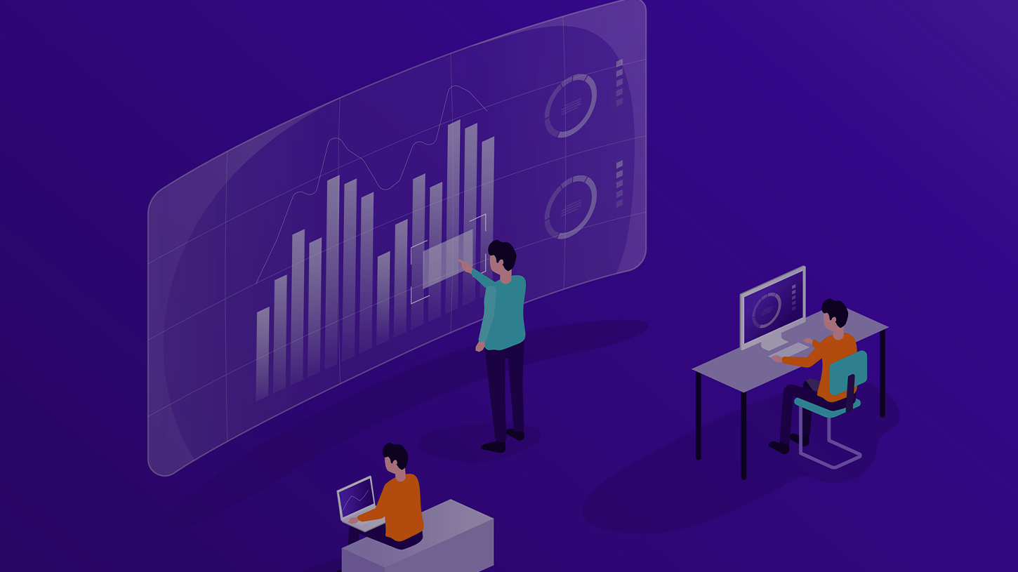 ダークなバックグラウンドの中、3人の男性がデジタルデータを分析しているイラスト。1人は大きなスクリーンに表示されたグラフを指し、他の2人はデスクとノートパソコンで作業中。最新の予防医療と健康促進を象徴。