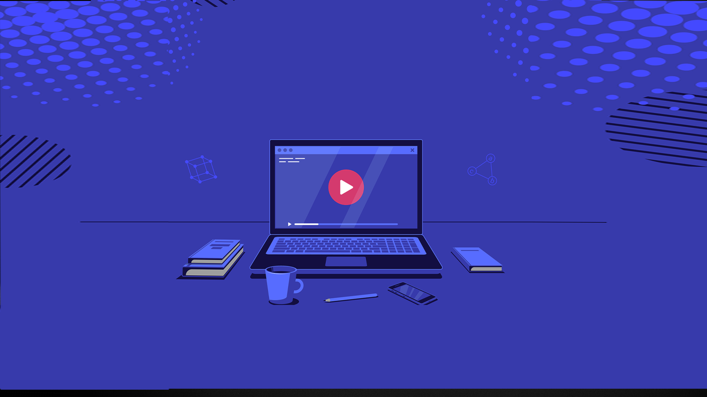 青い背景にノートパソコンがあり、画面に再生ボタンが表示されている。机の上には本、スマートフォン、ペン、コーヒーカップが置かれている。手技道協会関連の予防医療と健康促進技術を示唆するイメージ。
